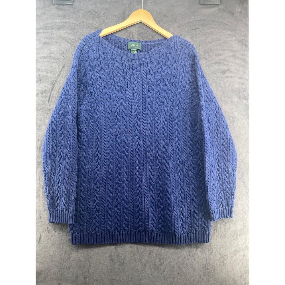 Lauren Ralph Lauren Blue Cable Knit Cotton Sweater 1X Plus Crew Neck Pullover
